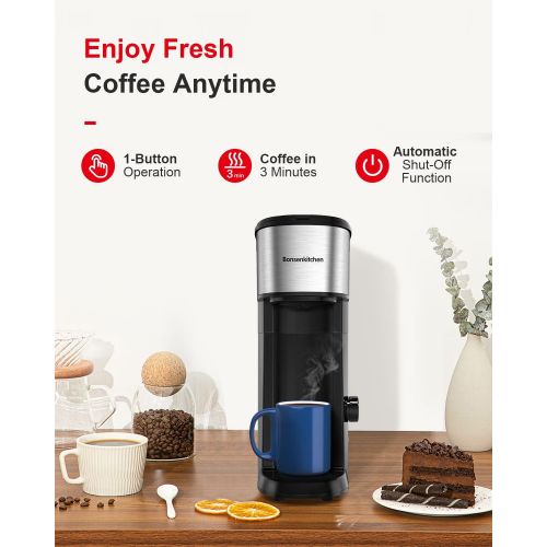  Bonsenkitchen Small Coffee Maker Single Serve, Compact Single Cup Coffee Machines for Travel, Portable Personal Coffee Brewer with Auto Shut Off Function & Reusable Eco-Friendly Filter, 14oz