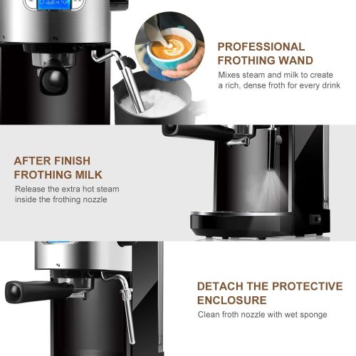  [아마존베스트]Bonsenkitchen 20 Bar Espresso Machine Coffee Machine With Foaming Milk Frother Wand 1 Or 2 Shot, 1350W High Performance No-Leaking 1.25 Liters Removable Water Tank Coffee Maker For Espresso, Cap