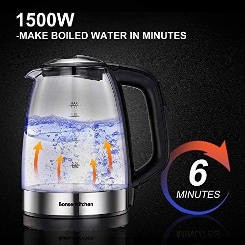  [아마존베스트]1.7L Temperature Control Electric Kettle, Bonsenkitchen Cordless Glass Tea Pot with Keep Warm Function, Auto Off & Boil Dry Protection, 1500W Fast Boling Water Heater with Color Ch