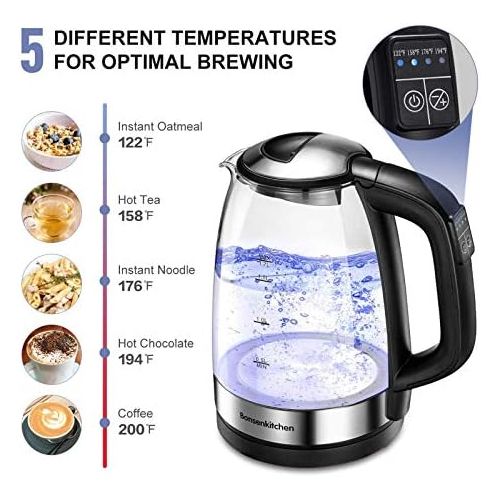  [아마존베스트]1.7L Temperature Control Electric Kettle, Bonsenkitchen Cordless Glass Tea Pot with Keep Warm Function, Auto Off & Boil Dry Protection, 1500W Fast Boling Water Heater with Color Ch