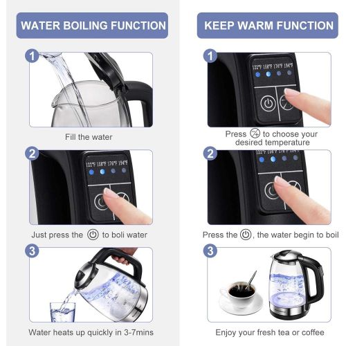  [아마존베스트]1.7L Temperature Control Electric Kettle, Bonsenkitchen Cordless Glass Tea Pot with Keep Warm Function, Auto Off & Boil Dry Protection, 1500W Fast Boling Water Heater with Color Ch