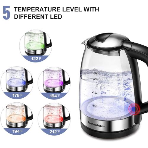  [아마존베스트]1.7L Temperature Control Electric Kettle, Bonsenkitchen Cordless Glass Tea Pot with Keep Warm Function, Auto Off & Boil Dry Protection, 1500W Fast Boling Water Heater with Color Ch