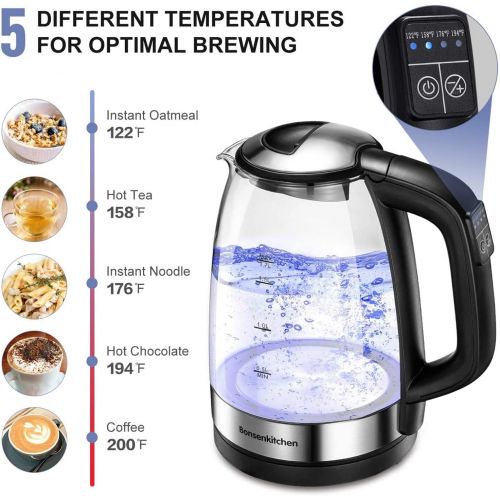  [아마존베스트]1.7L Temperature Control Electric Kettle, Bonsenkitchen Cordless Glass Tea Pot with Keep Warm Function, Auto Off & Boil Dry Protection, 1500W Fast Boling Water Heater with Color Ch