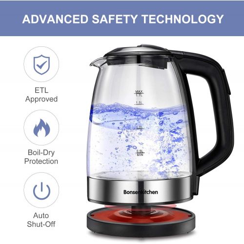  [아마존베스트]1.7L Temperature Control Electric Kettle, Bonsenkitchen Cordless Glass Tea Pot with Keep Warm Function, Auto Off & Boil Dry Protection, 1500W Fast Boling Water Heater with Color Ch