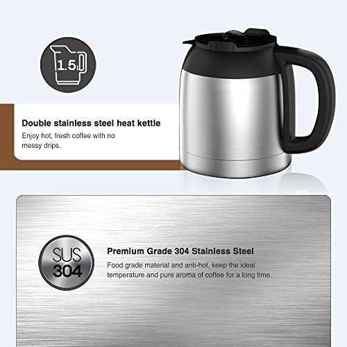  [아마존베스트]Bonsenkitchen Filter Coffee Machine with Thermos Jug and Timer, Programmable Stainless Steel Coffee Machine with Anti-Drip Function, 10-12 Cups (1.5 Litres), LED Display, Removable
