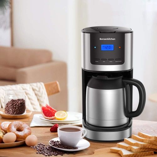  [아마존베스트]Bonsenkitchen Filter Coffee Machine with Thermos Jug and Timer, Programmable Stainless Steel Coffee Machine with Anti-Drip Function, 10-12 Cups (1.5 Litres), LED Display, Removable