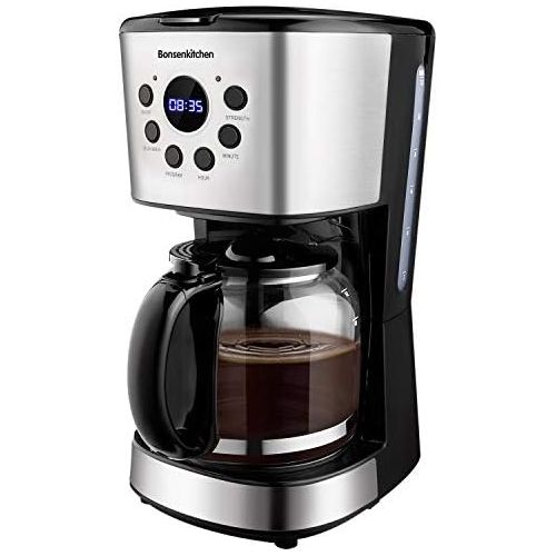  [아마존베스트]Bonsenkitchen Filter Coffee Machine with Timer and Programmable, Stainless Steel Coffee Machine with 10 Cups Glass Jug, Brewing Strength Control, Drip Stop, Removable Filter