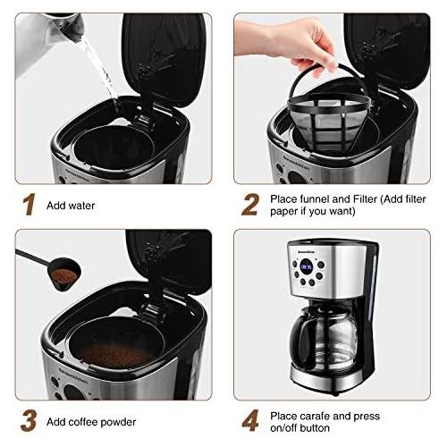  [아마존베스트]Bonsenkitchen Filter Coffee Machine with Timer and Programmable, Stainless Steel Coffee Machine with 10 Cups Glass Jug, Brewing Strength Control, Drip Stop, Removable Filter