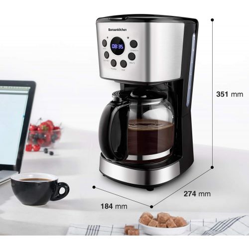  [아마존베스트]Bonsenkitchen Filter Coffee Machine with Timer and Programmable, Stainless Steel Coffee Machine with 10 Cups Glass Jug, Brewing Strength Control, Drip Stop, Removable Filter