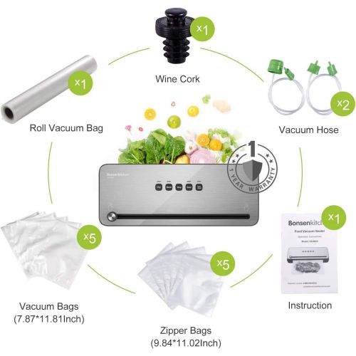  Bonsenkitchen Vacuum Sealer with Built-in Cutter & Roll Bag Storage, Lightweight Food Saver for Dry and Moist Food Fresh Preservation, Vacuum Roll Bags & Hose Included, Black VS380