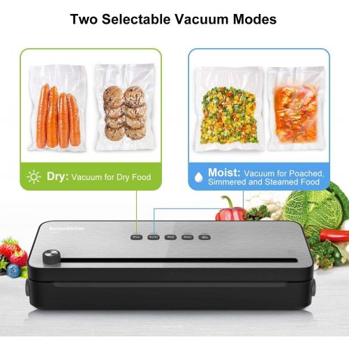  Bonsenkitchen Vacuum Sealer with Built-in Cutter & Roll Bag Storage, Lightweight Food Saver for Dry and Moist Food Fresh Preservation, Vacuum Roll Bags & Hose Included, Black VS380