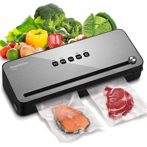  Bonsenkitchen Vacuum Sealer with Built-in Cutter & Roll Bag Storage, Lightweight Food Saver for Dry and Moist Food Fresh Preservation, Vacuum Roll Bags & Hose Included, Black VS380