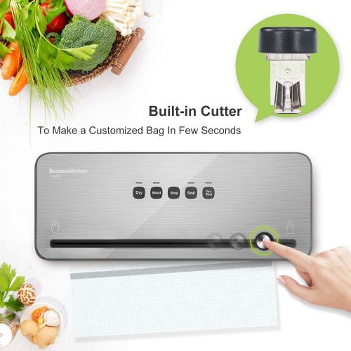  Bonsenkitchen Vacuum Sealer with Built-in Cutter & Roll Bag Storage, Lightweight Food Saver for Dry and Moist Food Fresh Preservation, Vacuum Roll Bags & Hose Included, Black VS380