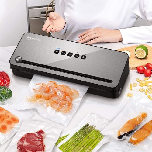  Bonsenkitchen Vacuum Sealer with Built-in Cutter & Roll Bag Storage, Lightweight Food Saver for Dry and Moist Food Fresh Preservation, Vacuum Roll Bags & Hose Included, Black VS380