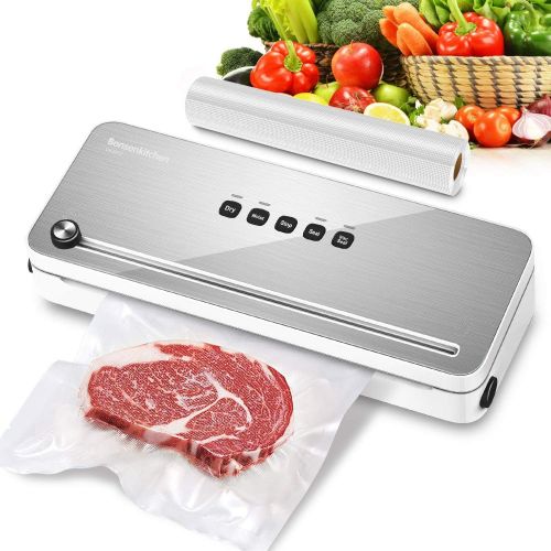  Bonsenkitchen Vacuum Sealer with Built-in Cutter & Roll Bag Storage, Lightweight Food Saver for Dry and Moist Food Fresh Preservation, Vacuum Roll Bags & Hose Included, Black VS380