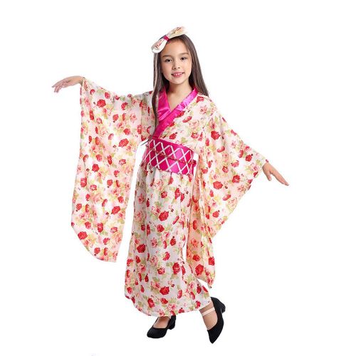  BooW Girls Japanese Kimono Dress Floral Pattern Yukata with OBI Belt Kids Geisha Cosplay Costume