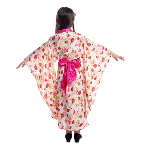  BooW Girls Japanese Kimono Dress Floral Pattern Yukata with OBI Belt Kids Geisha Cosplay Costume