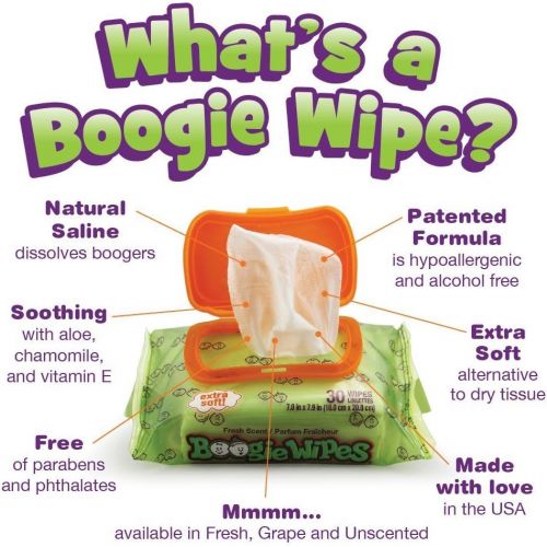  [아마존베스트]Boogie Wipes, Unscented Wet Wipes for Baby and Kids, Nose, Face, Hand and Body, Soft and Sensitive Tissue Made with Natural Saline, Aloe, Chamomile and Vitamin E, 30 Count (Pack of