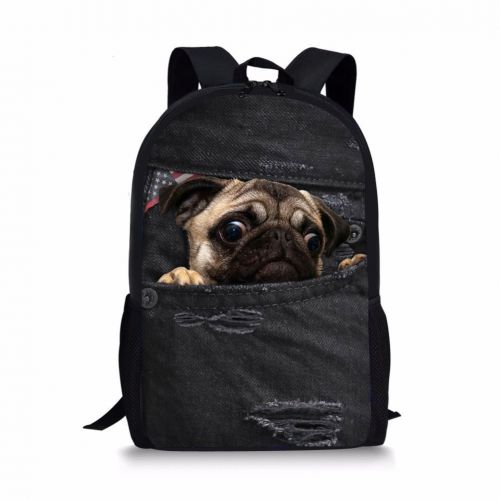  Book School Bag Kids Stylish Lightweight Daypack Durable Backpack Denim Pug Print