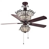 Booms 52‘’ Crystal Fan Chandelier with 5 Wooden Blades Chandelier Vintage Brown Chandelier Ceiling Fan for Dining Room/Living Room/Bedroom