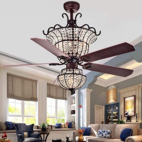  Booms 52‘’ Crystal Fan Chandelier with 5 Wooden Blades Chandelier Vintage Brown Chandelier Ceiling Fan for Dining RoomLiving RoomBedroom