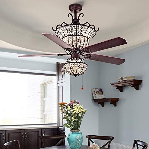  Booms 52‘’ Crystal Fan Chandelier with 5 Wooden Blades Chandelier Vintage Brown Chandelier Ceiling Fan for Dining RoomLiving RoomBedroom