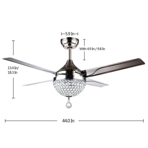  Booms 44 Crystal Modern Ceiling Fan Light with 4 Stainless Steel Blade LED Remote Control Home Decoration Restaurant Mute Electric Fan Chandelier for Living RoomBedroomClassroom