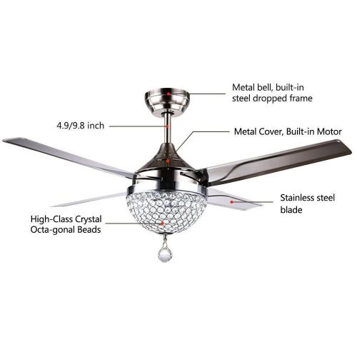  Booms 44 Crystal Modern Ceiling Fan Light with 4 Stainless Steel Blade LED Remote Control Home Decoration Restaurant Mute Electric Fan Chandelier for Living RoomBedroomClassroom