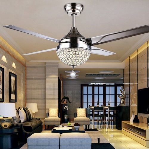  Booms 44 Crystal Modern Ceiling Fan Light with 4 Stainless Steel Blade LED Remote Control Home Decoration Restaurant Mute Electric Fan Chandelier for Living RoomBedroomClassroom