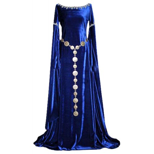  Boomtrader Women Medieval Costume Lace Up Vintage Floor Length Halloween Dress Blue Medieval Fancy Dress (No Belt)