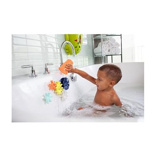 분 Boon Cogs Baby Bath Toys - Spinning Gear Themed Sensory Baby Toys for Bathtub - Suction Toys for Bathtub Walls - Navy and Yellow - 5 Count - Ages 12 Months and Up