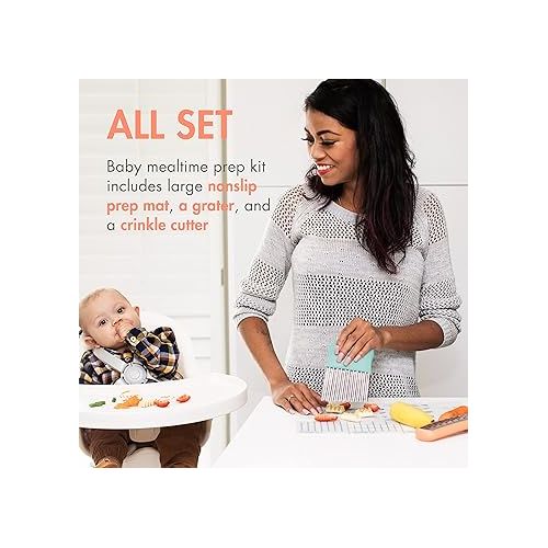 분 Boon DIVVY Baby Solid Food Prep Starter Kit - Includes 11x14 Silicone Placemat, Grater, and Crinkle Cutter - Baby Feeding Set - Baby Food Cutting Mat for Baby Feeding Supplies - 3 Count