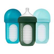 Boon Nursh Reusable Silicone Baby Bottles with Collapsible Silicone Pouch Design - Everyday Baby Essentials - Stage 2 Medium Flow Baby Bottles - Blue - 8 Oz - 3 Count