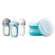 Boon NURSH Reusable Silicone Baby Bottles and Storage Bundle (3 Count) - Includes Bottle, Nipples, Collapsible Pouches, and Storage Buns