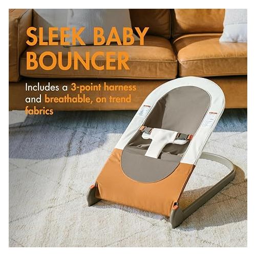 분 Boon Slant Portable Baby Bouncer - Folding Baby Seat for Infants - Lightweight Portable Baby Chair with Machine Washable Fabric and 3-Point Harness - Tan