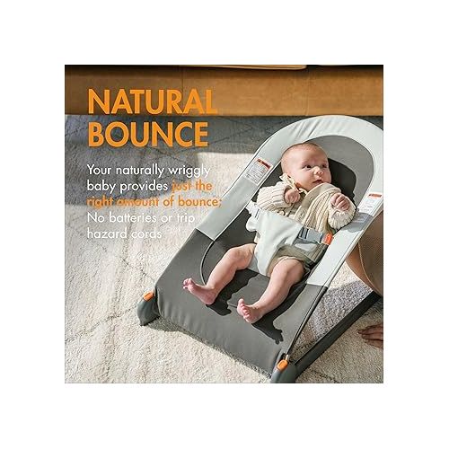 분 Boon Slant Portable Baby Bouncer - Folding Baby Seat for Infants - Lightweight Portable Baby Chair with Machine Washable Fabric and 3-Point Harness - Gray