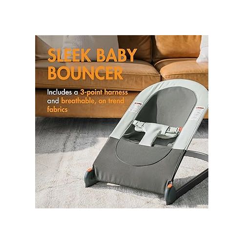 분 Boon Slant Portable Baby Bouncer - Folding Baby Seat for Infants - Lightweight Portable Baby Chair with Machine Washable Fabric and 3-Point Harness - Gray