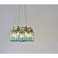 BootsNGus Ring Mason Jar Chandelier Lighting Fixture, 7 Antique Blue Quart Jars, Bulbs Included