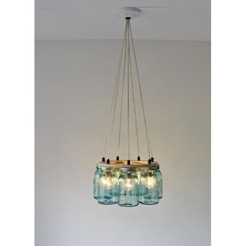  BootsNGus Ring Mason Jar Chandelier Lighting Fixture, 7 Antique Blue Quart Jars, Bulbs Included