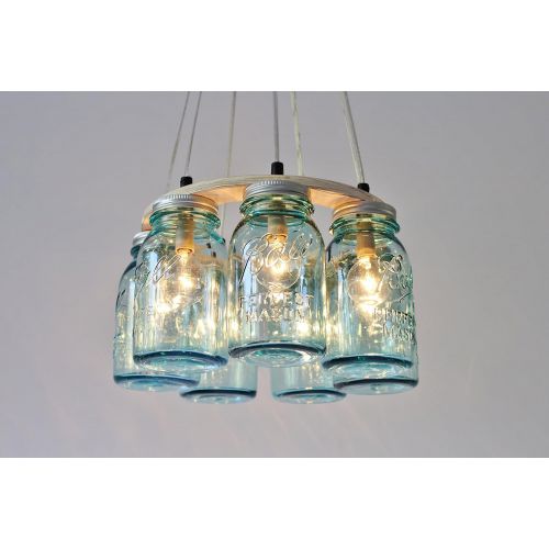  BootsNGus Ring Mason Jar Chandelier Lighting Fixture, 7 Antique Blue Quart Jars, Bulbs Included