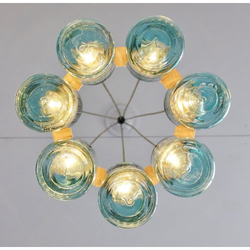  BootsNGus Ring Mason Jar Chandelier Lighting Fixture, 7 Antique Blue Quart Jars, Bulbs Included