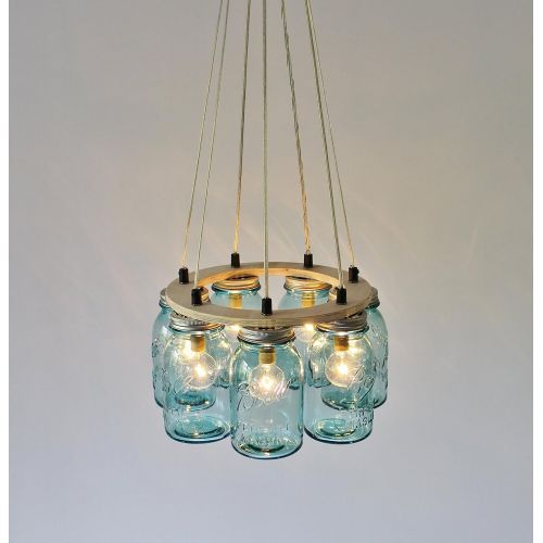  BootsNGus Ring Mason Jar Chandelier Lighting Fixture, 7 Antique Blue Quart Jars, Bulbs Included