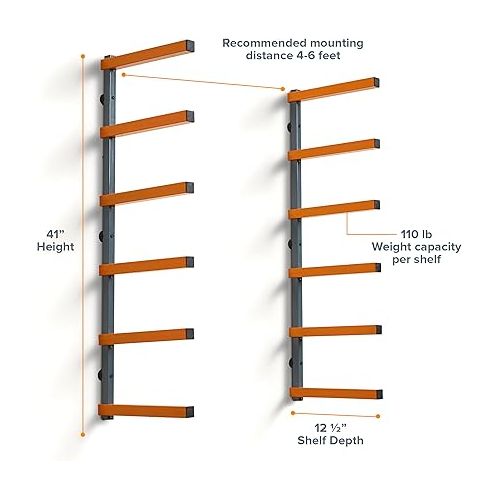  Bora Wood Organizer and Lumber Storage Metal Rack with 6-Level Wall Mount - Indoor and Outdoor Use, In Orange | PBR-001