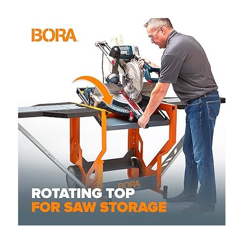  Bora Portamate - PM-8000 Miter Saw Stand Work Station | Mobile Rolling Table Top Workbench | Orange & Grey with Folding Wing Extensions Orange/Black