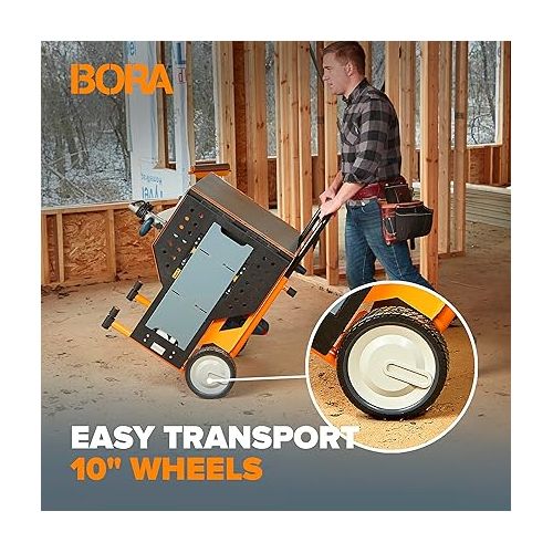  Bora Portamate - PM-8000 Miter Saw Stand Work Station | Mobile Rolling Table Top Workbench | Orange & Grey with Folding Wing Extensions Orange/Black