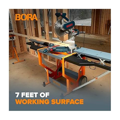  Bora Portamate - PM-8000 Miter Saw Stand Work Station | Mobile Rolling Table Top Workbench | Orange & Grey with Folding Wing Extensions Orange/Black