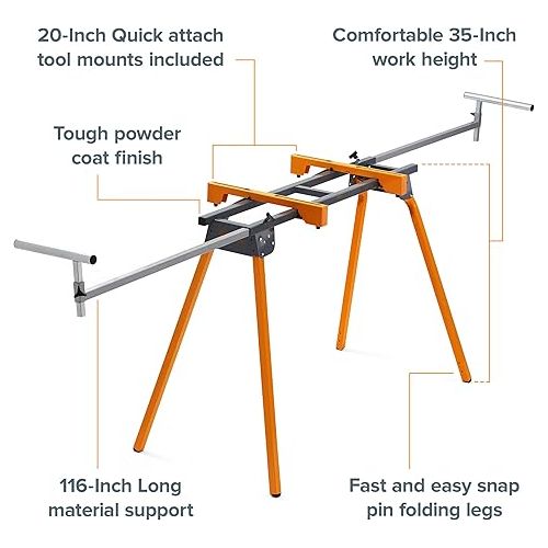  BORA Portamate PM-4000 - Heavy Duty Folding Miter Saw Stand with Quick Attach Tool Mounting Bars Orange 44 x 10 x 6.5 inches