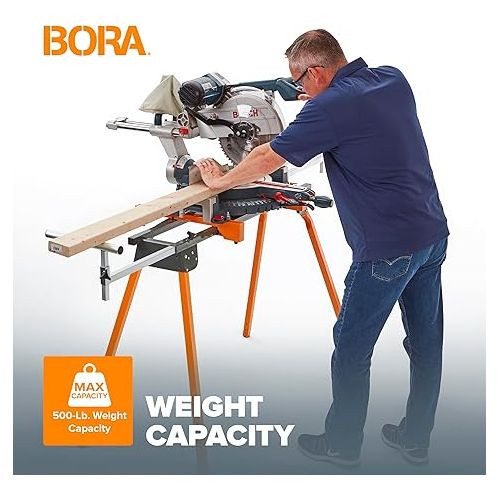  BORA Portamate PM-4000 - Heavy Duty Folding Miter Saw Stand with Quick Attach Tool Mounting Bars Orange 44 x 10 x 6.5 inches