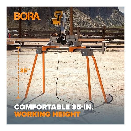  BORA Portamate PM-4000 - Heavy Duty Folding Miter Saw Stand with Quick Attach Tool Mounting Bars Orange 44 x 10 x 6.5 inches