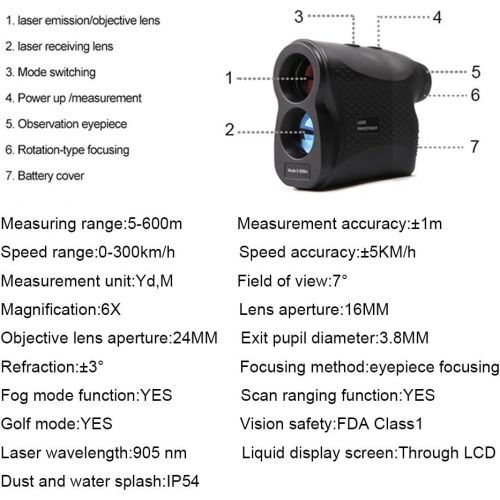  Borbede Laser Rangefinder Golf Hunting Telescope 600m(656yards) Laser Distance Meter with Speed Scan Fog Measurement，Black